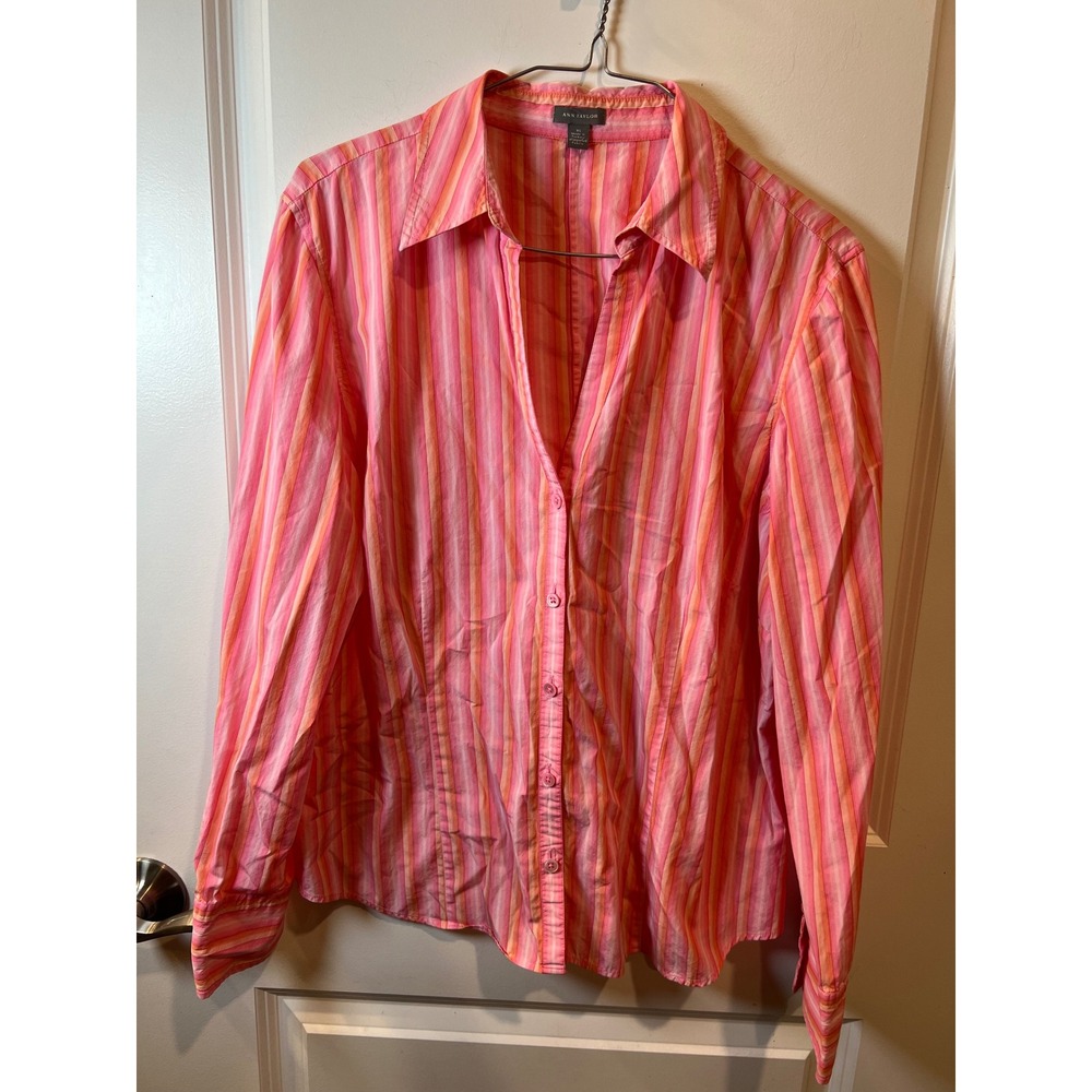 Ann Taylor Womens Button Up Shirt Vertical Stripes Pink Orange XL